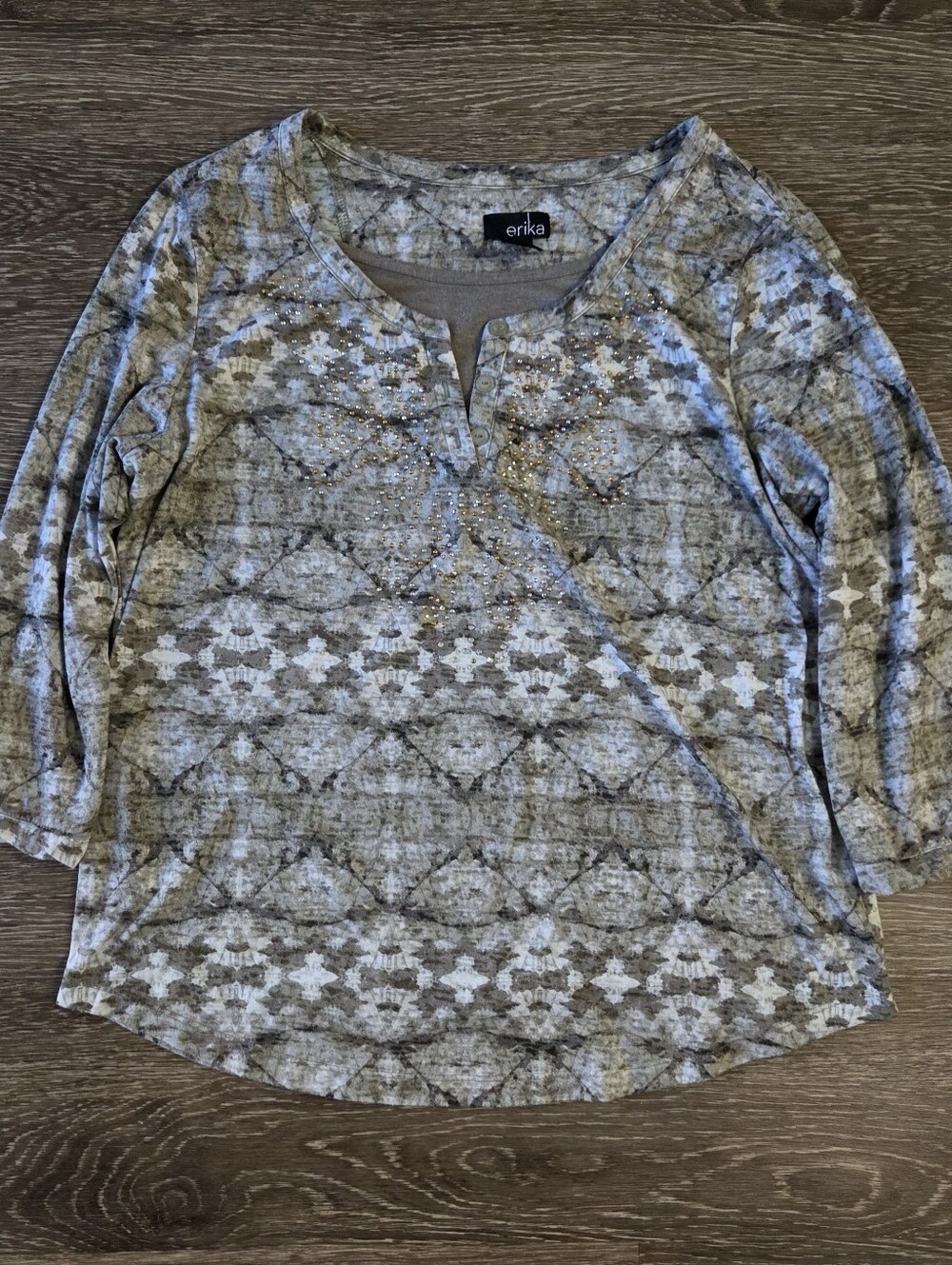 Y2K Vibes Erika Gray Patterned Top w/ Rhinestone Accents.